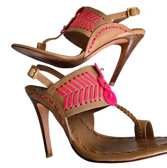 Tory Burch Sandal Pumps Toe Ring  Leather High Heels Hot Pink Accents Women's 8 - Picture 1 of 15